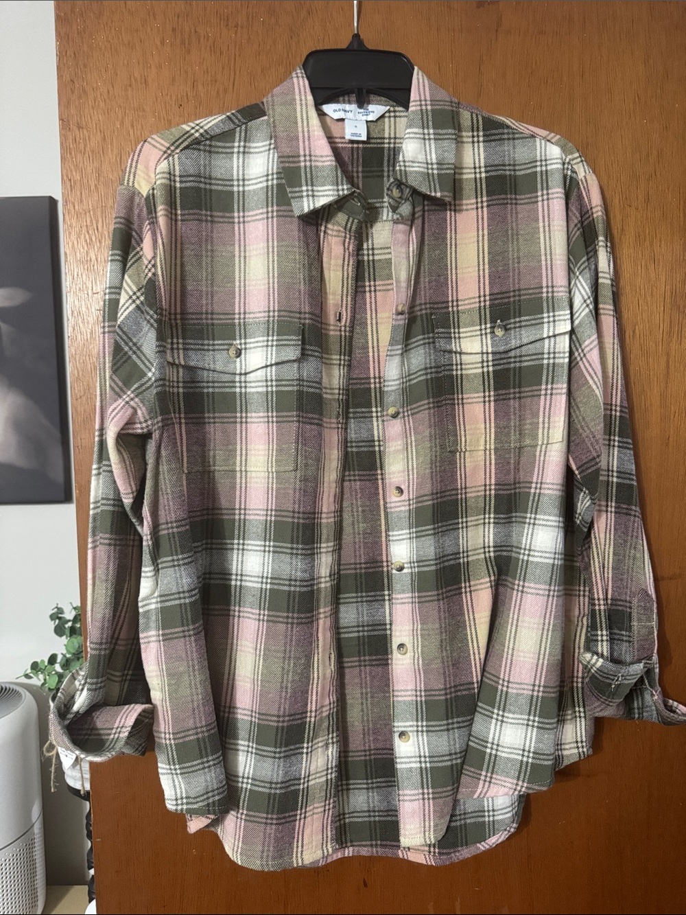Women’s Olive & Pink Plaid Button-Up Shirt